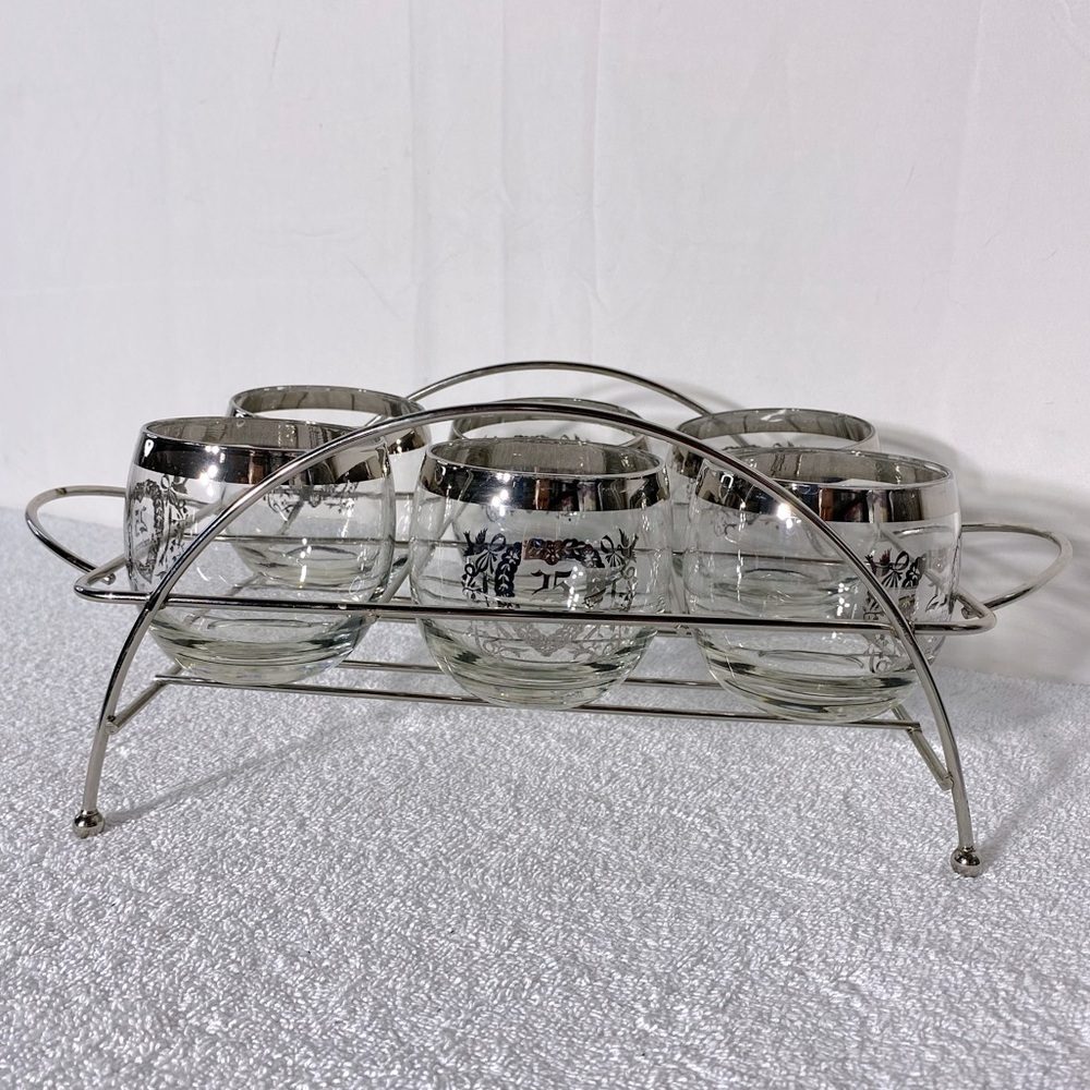 Vintage MCM 25th Anniversary Roly Poly Glasses W Silver Rim & Chrome Caddy - Picture 4 of 12
